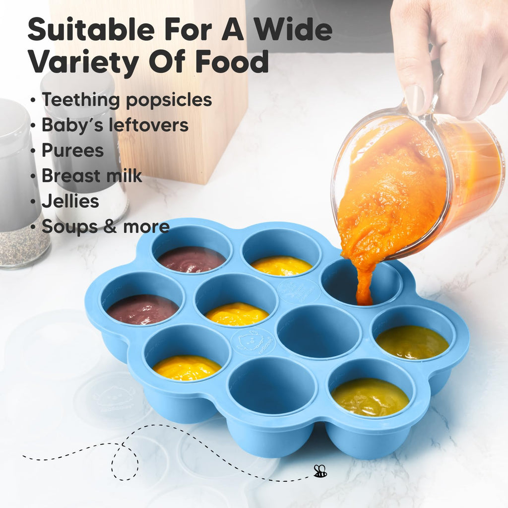 KeaBabies Silicone Food Freezer Trays with Lid, 2oz x 10 Pods (Misty Blue)
