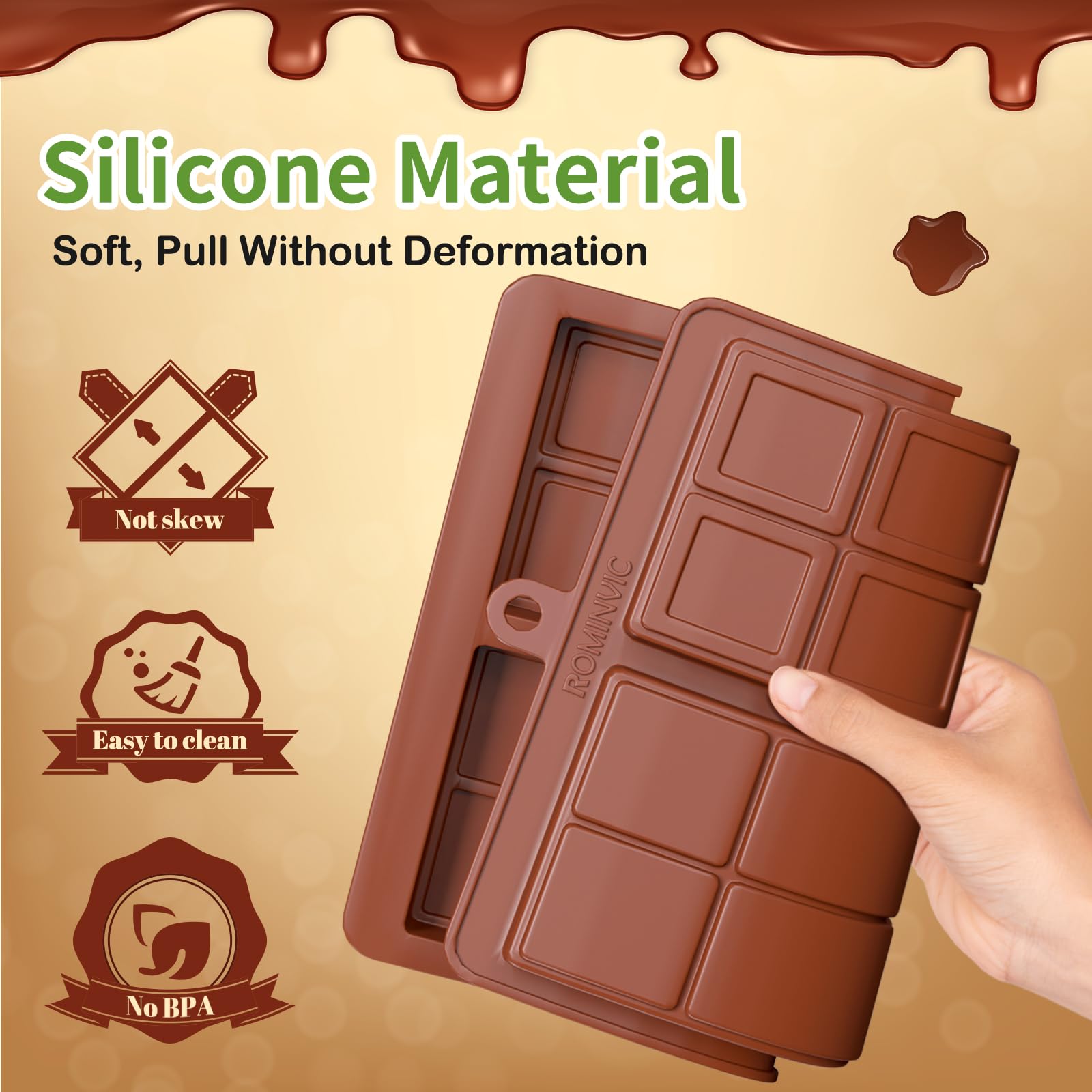 ROMINVIC Chocolate Bar Mold,2 Pack 2 in 1 Dubai Chocolate Molds and Scraper for Stuffed Bar,Deep Large and Thick Chocolate Candy Bar Mold for Filling Knafeh Pistachio Kit