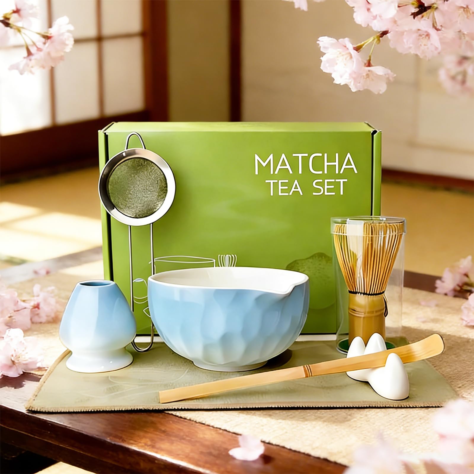 Matcha Whisk Set – Ceramic Matcha Bowl with Pour Spout, Bamboo Whisk, Whisk Holder, Scoop, Sifter – Japanese Matcha Kit for Beginners (Gradient Blue)