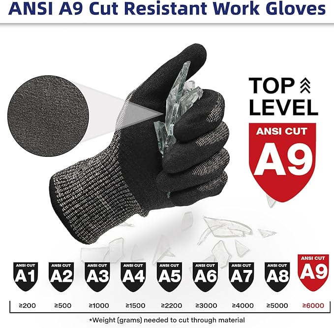 Schwer ProGuard Highest Level Cut Resistant Work Gloves PR3326 for Extreme Protection，ANSI A9 Cut Gloves with Reinforced Thumb, Non Slip, Breathable, Durable, Touch-screen, Non PFAS, Black 1 Pair（XL）