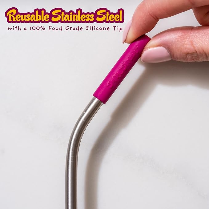 Premium Reusable Stainless Steel Drinking Straws With Silicone Tips + Patented Straw Cleaners and Carrying Case - 9” Long Metal With Curved Bend for 20/30/32oz Tumblers