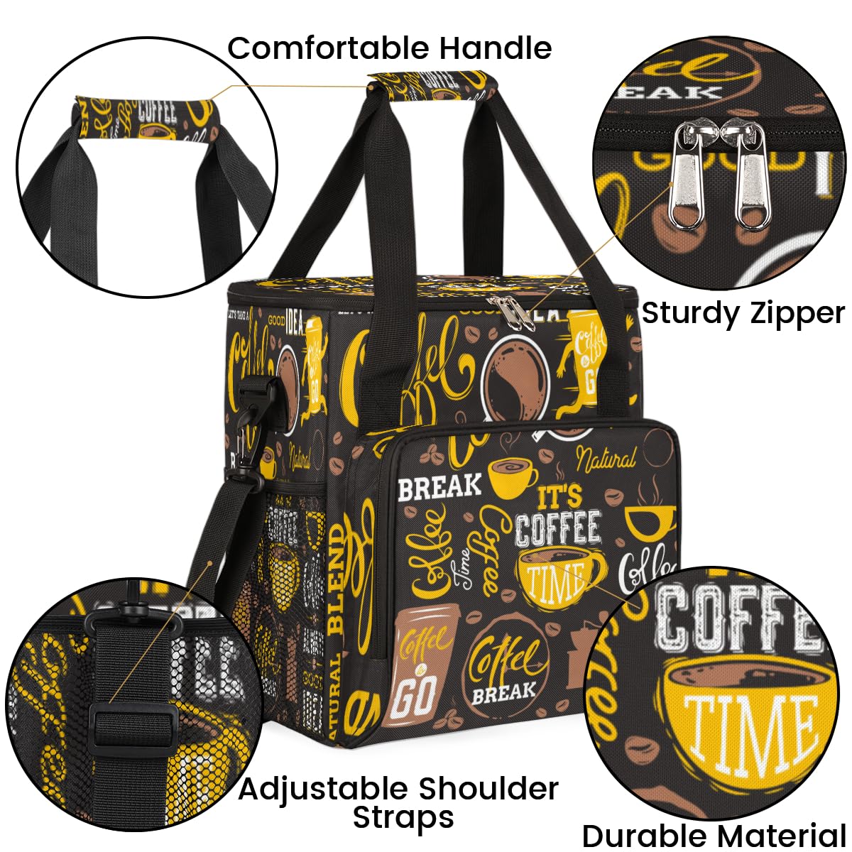 FengQuGou Yellow Coffee Break Cafe Maker Carring Bag Travel Carrying Storage Tote Compatible with Keurig K-Mini or Plus Portable Single Serve Brewer Case Pockets for K-cup Pods