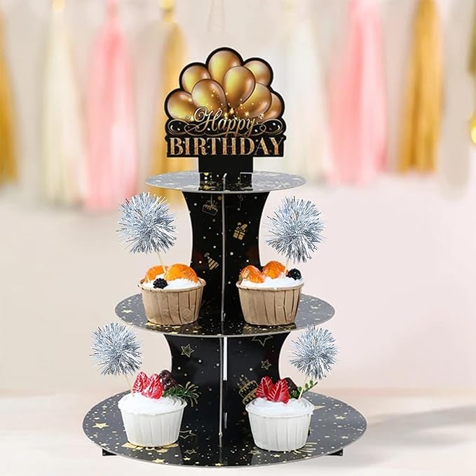 Ephlyn 30Pcs Foil Firework Cupcake Toppers Sparkle Tinsel Cupcake Picks Happy Birthday Cake Toppers Drink Stirrers Cocktail Food Fruit Toothpicks for Baby Shower Birthday Party Supplies Silver