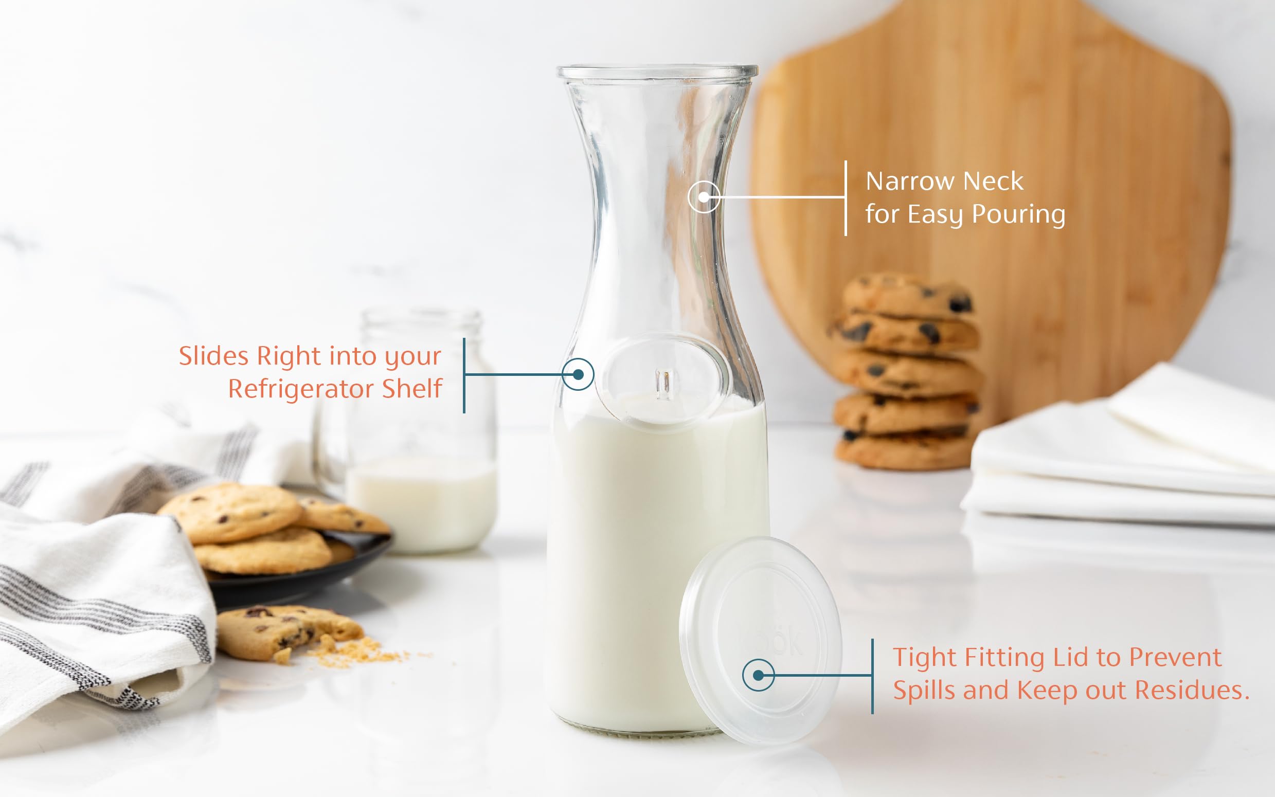 KooK Glass Carafe, Mimosa Bar Supplies, Carafe Pitchers with Lid, Set of 3, Glass Water Pitcher, Drink Dispensers for Parties, Tea, Wine, and Juice, Plastic Lids, Dishwasher Safe, 35 oz