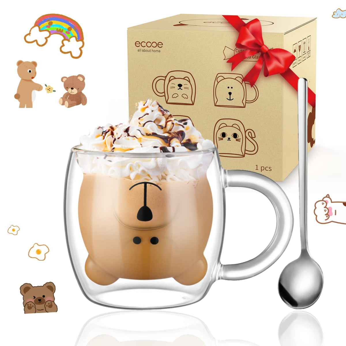 ecooe Double Walled Glass Coffee Mug 12 oz Latte Cappuccino Cups Set of 2