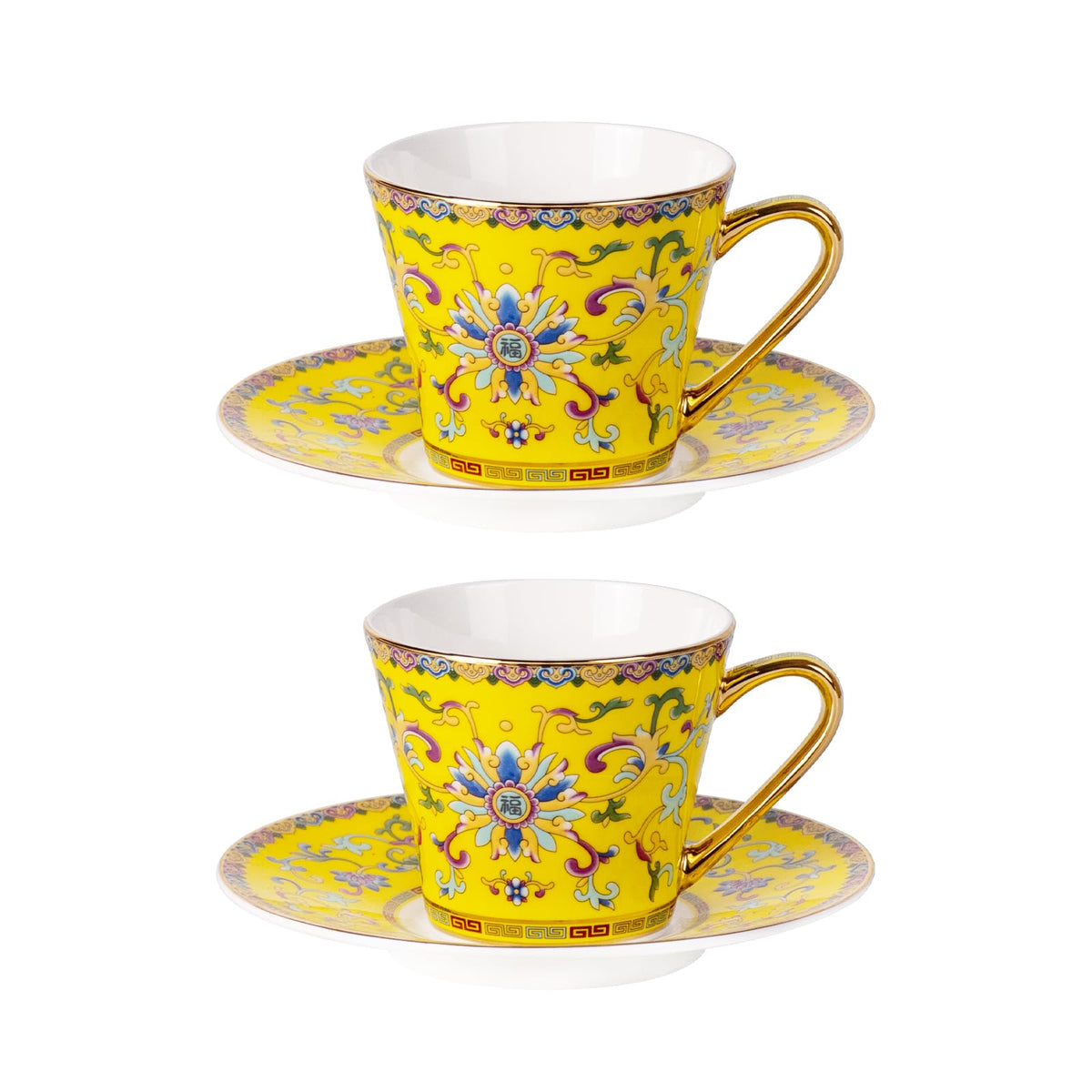 KAMMAK Tea Cup and Saucer, Ceramic Coffee Cups, 7.4 oz, Set of 2