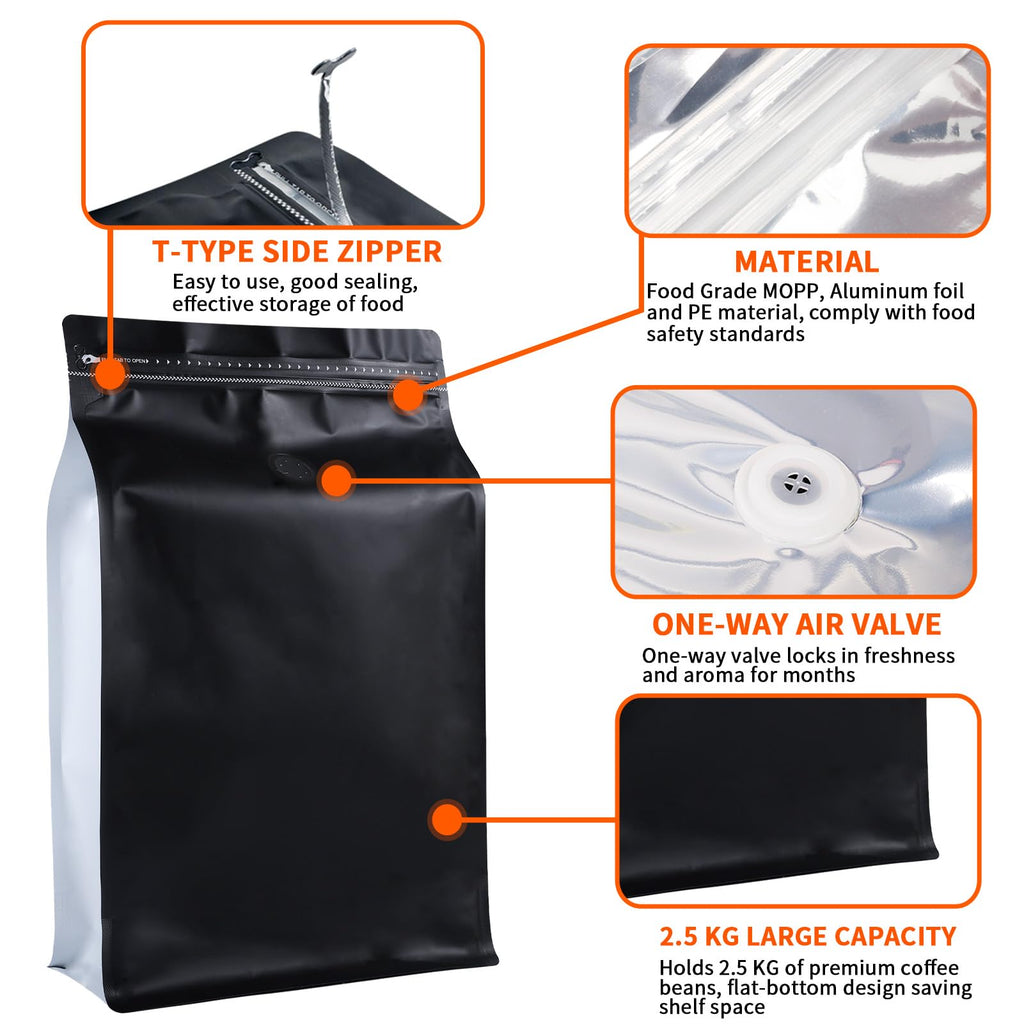 New 2.5 KG Large Capacity Coffee Bags with Valve (50 PCS) Black Sides White High Barrier Aluminum Foil Flat Bottom Standing Coffee Beans Storage Packaging Bags, Reusable Heat Seal Side Zipper Pouches
