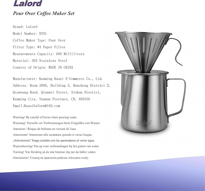 Pour Over Coffee Maker Set, 304 Stainless Steel wIth 100 pcs Size 02 Cone Paper Filters & 600ml Milk Frothing Pitcher, for Home & Camping