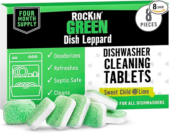 Rockin' Green Dishwasher Cleaner Tablets (8 Pack) - Septic Safe Dishwasher Cleaning Tablets Dishwasher Cleaner and Deodorizer - Dishwasher Remove Build Up with Citric Acid (Sweet Child O'Lime)