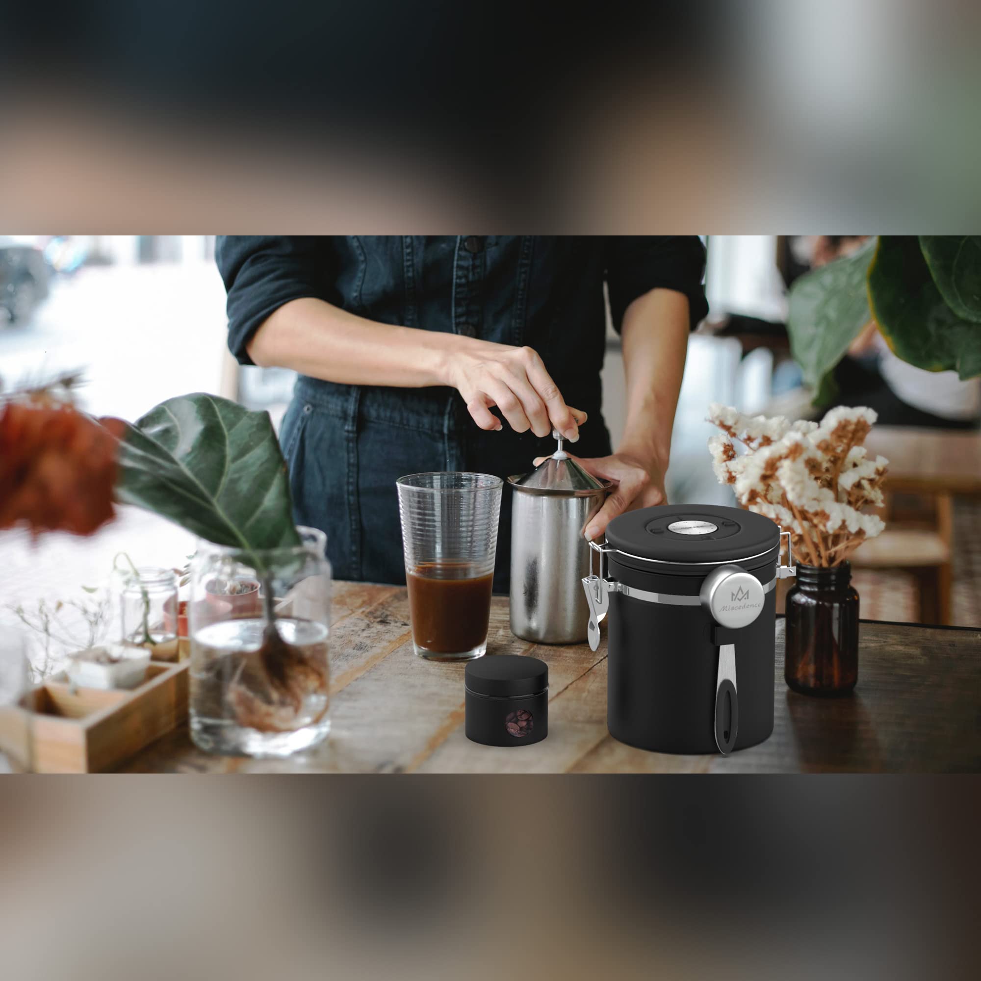 Miscedence Coffee canister set for ground coffee with Date Tracker,Co2 Valve,Travel jar,Stainless Steel Kitchen Food Airtight storage container for Coffee Beans or Grounds,Tea,Sugar (16oz-Black)