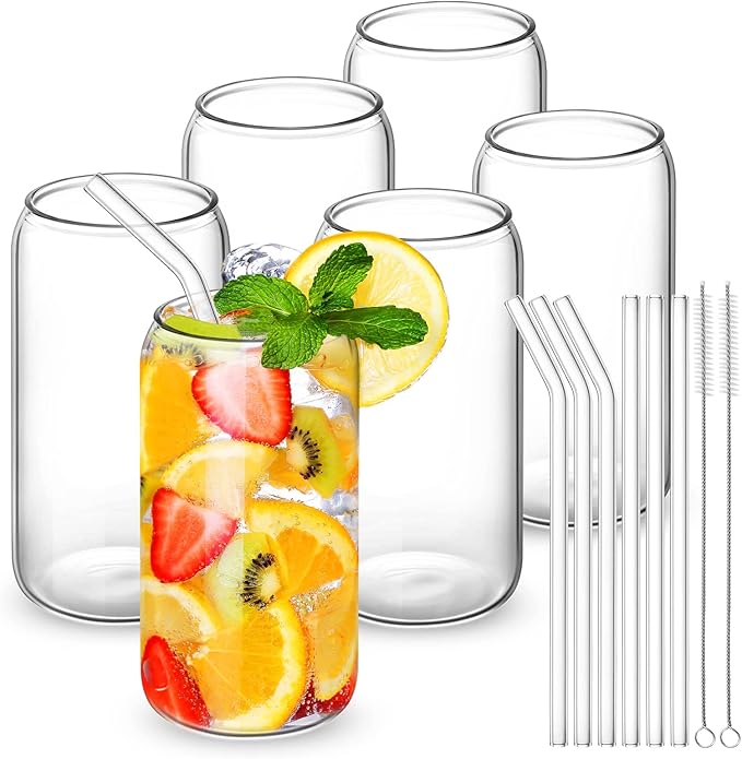 CWHHRN Glass Cups with Straw 6 Set, 16oz Beer Glasses, Glass Coffee Cups, Iced Coffee Glasses, Glass Tumbler for Whiskey, Soda