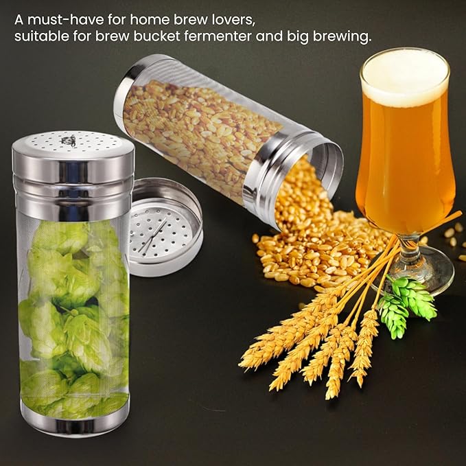Tlence 2 Pack Beer Dry Hopper Filters, 2.8 x 7 inch 300 Micron Mesh Hop Strainer with Lid, Stainless Steel Beer Hop Spider with Nylon Bristles, Brewing Filters Straining Keg for Home Coffee Wine Juice