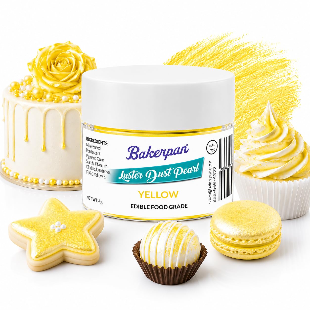 Bakerpan Pearl Luster Dust Edible, Yellow Edible Glitter for Cocktails, 4 Grams Edible Glitter for Cake Decorating, Cookies, Chocolates and Candies, Drinks (Made in USA)
