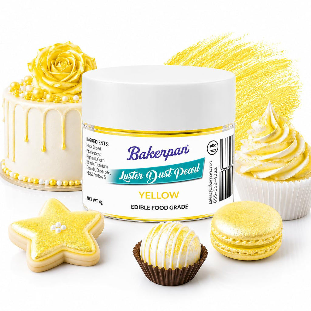 Bakerpan Pearl Luster Dust Edible, Yellow Edible Glitter for Cocktails, 4 Grams Edible Glitter for Cake Decorating, Cookies, Chocolates and Candies, Drinks (Made in USA)