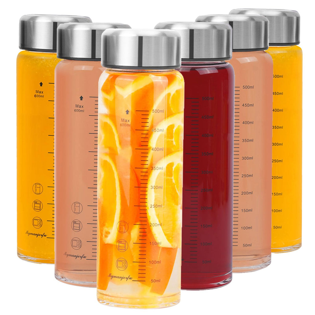 Glass Juice Bottles 6 Pack 20 oz - Wide Mouth Glass Water Bottles with Lids - for Juicing, Smoothies, Milk, Protein, BPA Free, Reusable, Stainless Steel Lids, Leak Proof, Shaker bottle (600 ml)