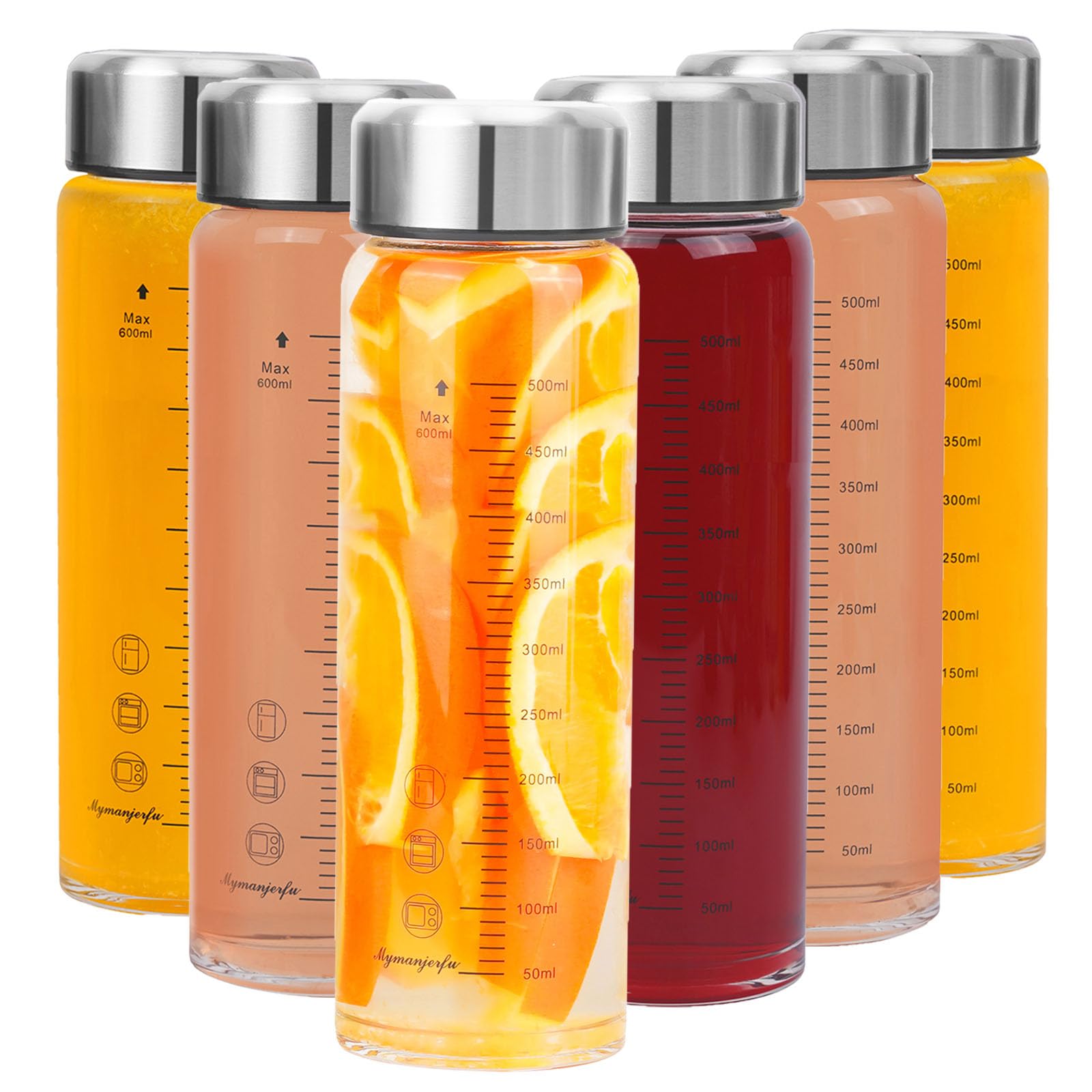 Glass Juice Bottles 6 Pack 20 oz - Wide Mouth Glass Water Bottles with Lids - for Juicing, Smoothies, Milk, Protein, BPA Free, Reusable, Stainless Steel Lids, Leak Proof, Shaker bottle (600 ml)