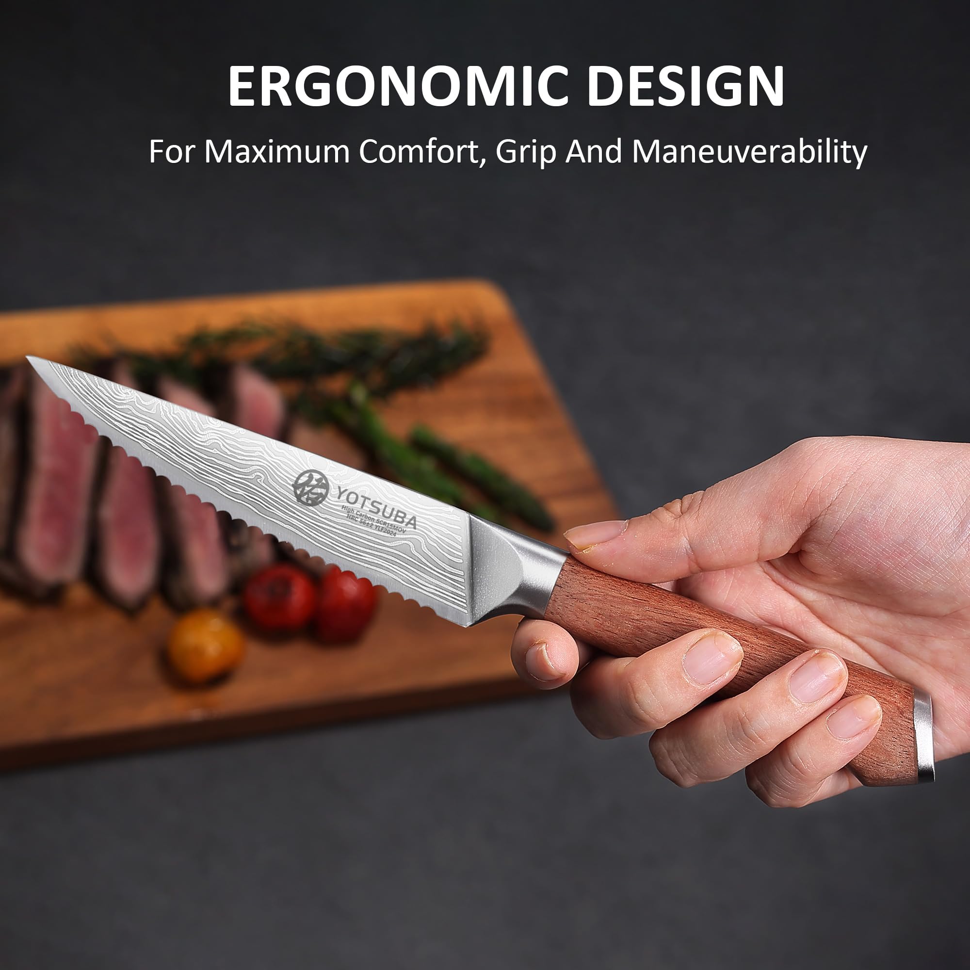 YOTSUBA Steak Knives Set of 6, Razor-Sharp 4.5 Inch Japanese Serrated Steak Knife Set, Full Tang Forged High Carbon Steel Dinner Knives with Ergonomic Handle and Gift Box