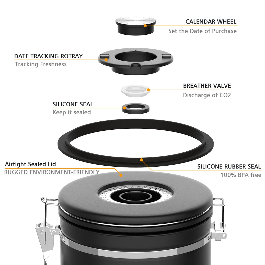 Miscedence Coffee canister set for ground coffee with Date Tracker,Co2 Valve,Travel jar,Stainless Steel Kitchen Food Airtight storage container for Coffee Beans or Grounds,Tea,Sugar (16oz-Black)