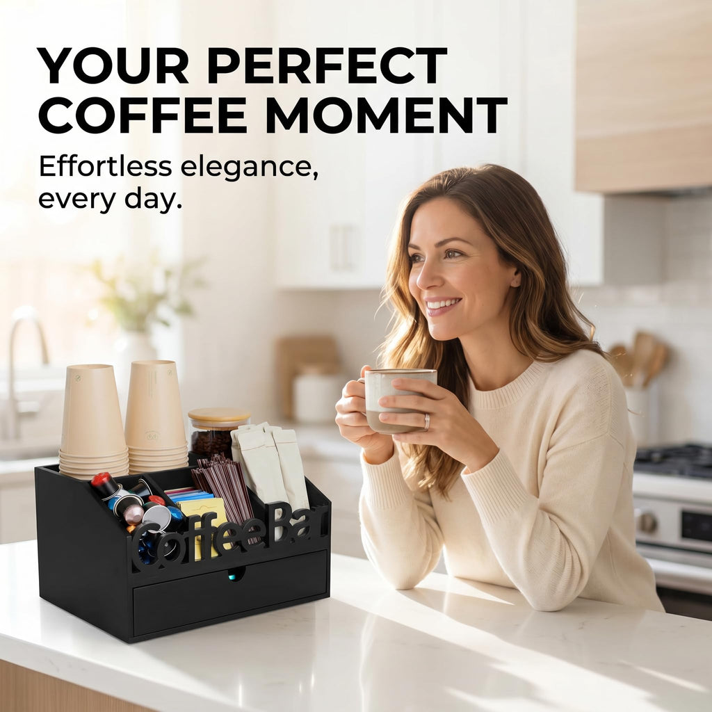 Coffee Bar Organizer Countertop, Wooden Coffee Station with Black Drawer