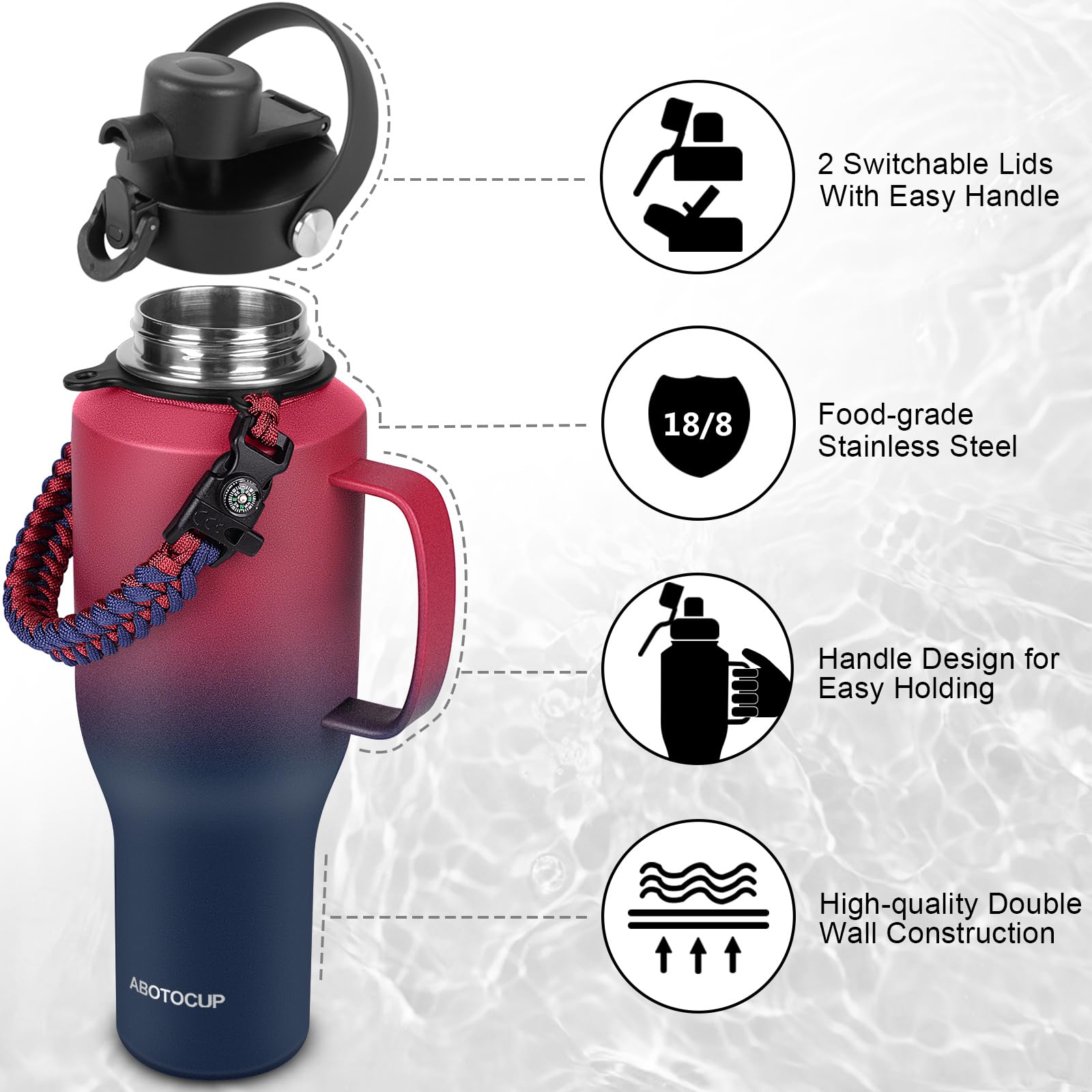ABOTOCUP Water Bottle 40oz, Insulated Tumblers with Straw Lid, Insulated Water Bottle Fits in Cup Holder, Double Wall BPA-Free, Stainless Steel Travel Cup Leak-proof to Keep Cold 24H&Hot12H