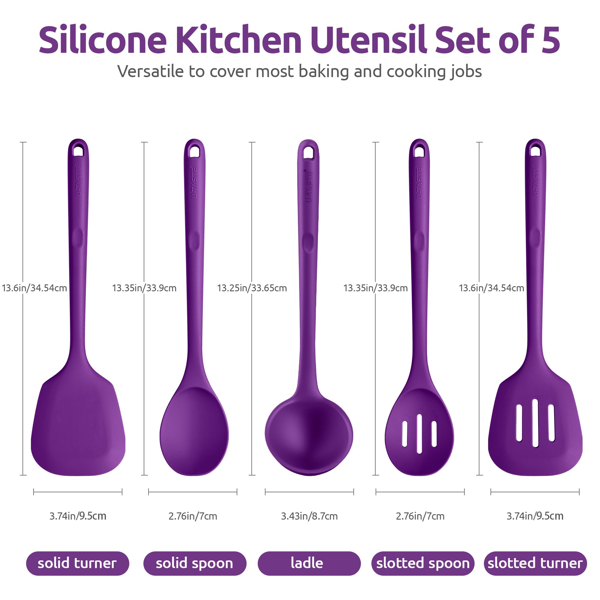 U-Taste Silicone Kitchen Cooking Utensil Set of 5, 13.6" Long, Purple