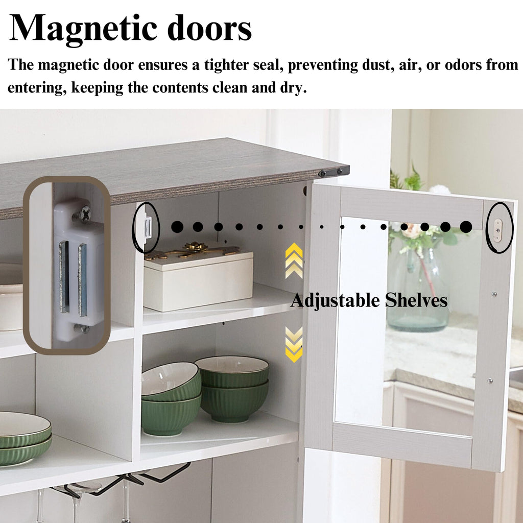DM Furniture Coffee Bar Cabinet with Sliding Barn Doors 71'' Farmhouse Pantry Cabinet with Drawers & Wine Glass Rack Rustic Buffet Cabinet for Kitchen, White and Black