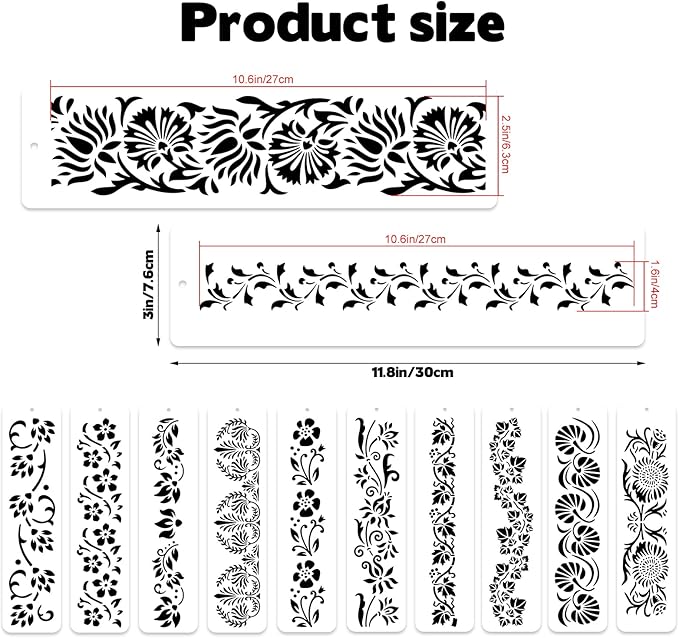 12 Pcs Large Flower Border Stencils for Painting, Reusable Plastic Floral Edge Baking Decorating Vine Stencil Tool, Painting Templates for DIY Cake Wood Wall Tile Furniture Canvas Craft, 3" x 11.8"