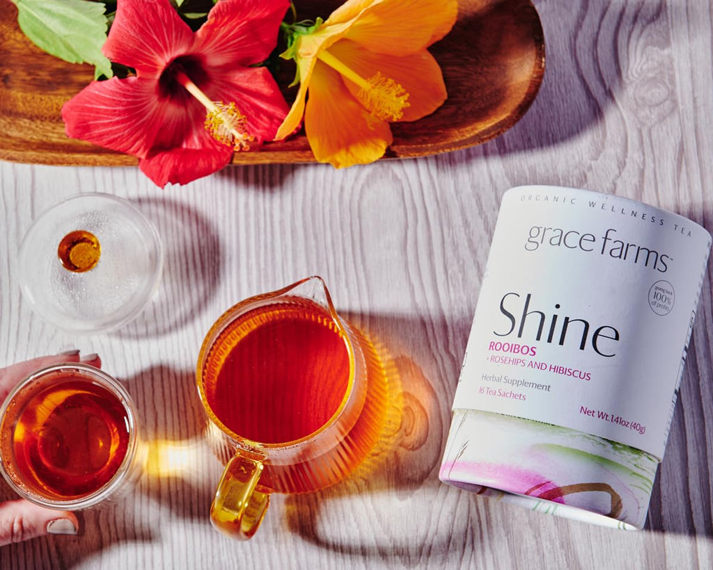 Grace Farms Shine Wellness Organic Tea Blend (100 Enveloped Pyramid Sachets w/String & Tag) | Rooibos, Rosehips, Hibiscus, Tulsi, Haritaki | Fairtrade and Kosher | Gives Back 100% of Profits