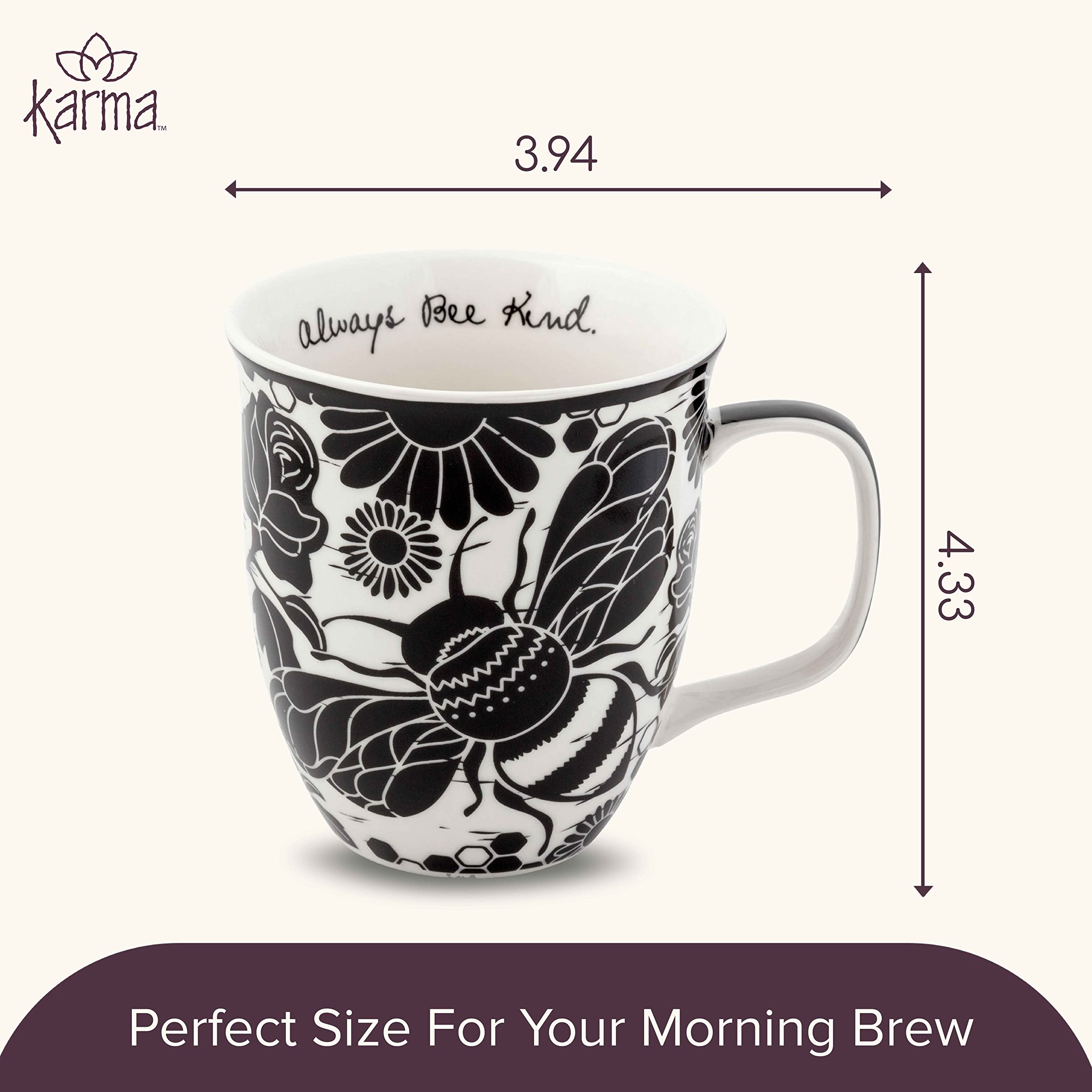 Karma Gifts 14 oz Black and White Boho Mug Bee - Cute Coffee and Tea Mug - Ceramic Coffee Mugs for Women and Men