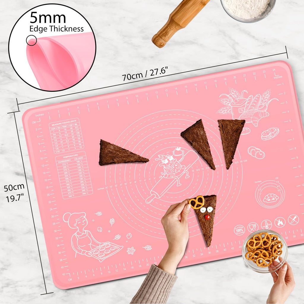 Silicone Pastry Mat 28" x 20" Extra Thick Non Stick Baking Mat with Measurements and Edge Heightening, Food Grade Silicone Rolling Mat for Pastry, Bread, Cookies, Pizza, Fondant, Pasta - Pink