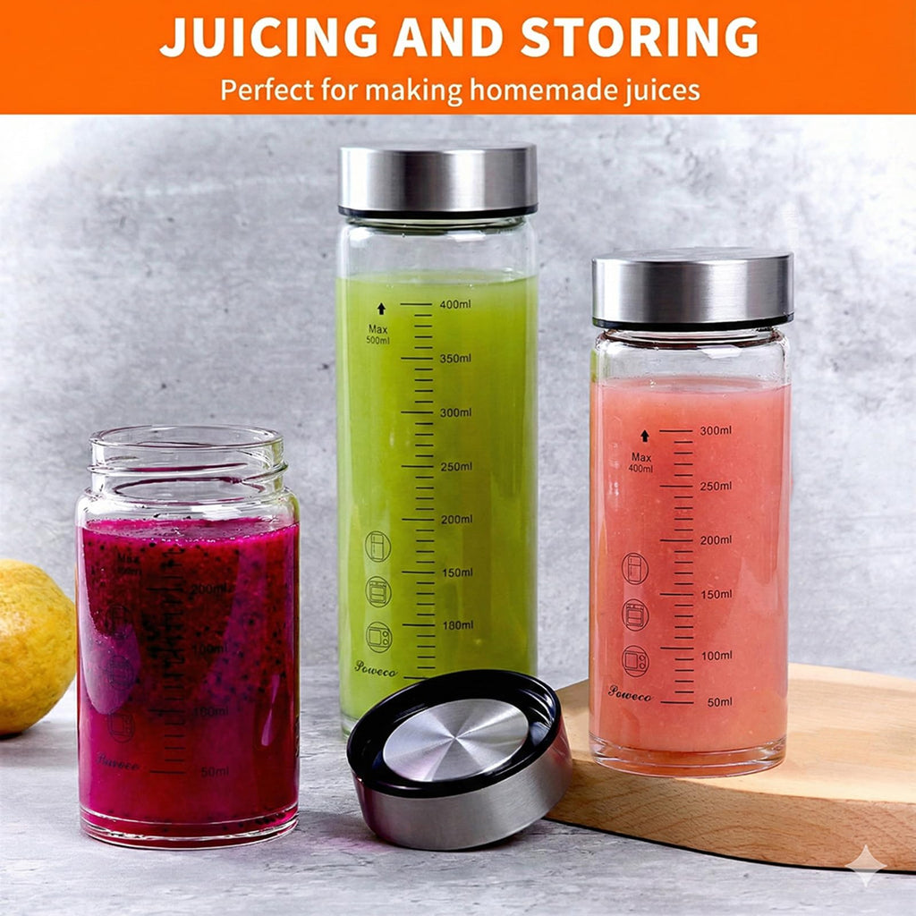 poweco Glass Juice Bottles 4 Pack 16 oz - Wide Mouth Glass Water Bottles with Lids - for Juicing, Protein, Smoothie, Milk, Reusable, BPA Free, Stainless Steel Lids, Blender, Shaker Bottle (500ml)