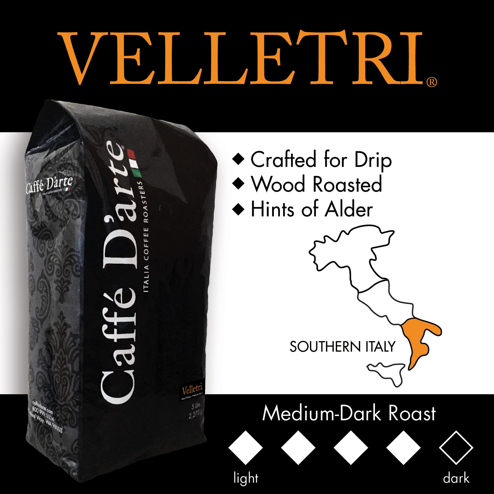Caffe D'arte Velletri Wood Roast Reserve Whole Bean Coffee, 5 lb