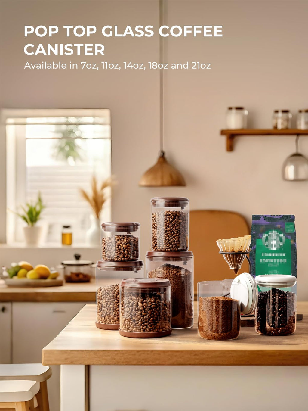 Tourdeus Glass Coffee Bean Jar – Pop Top Air Tight Coffee Bean Container with CO2 Valve, 10 oz Coffee Storage Airtight Canister, 0.63lb