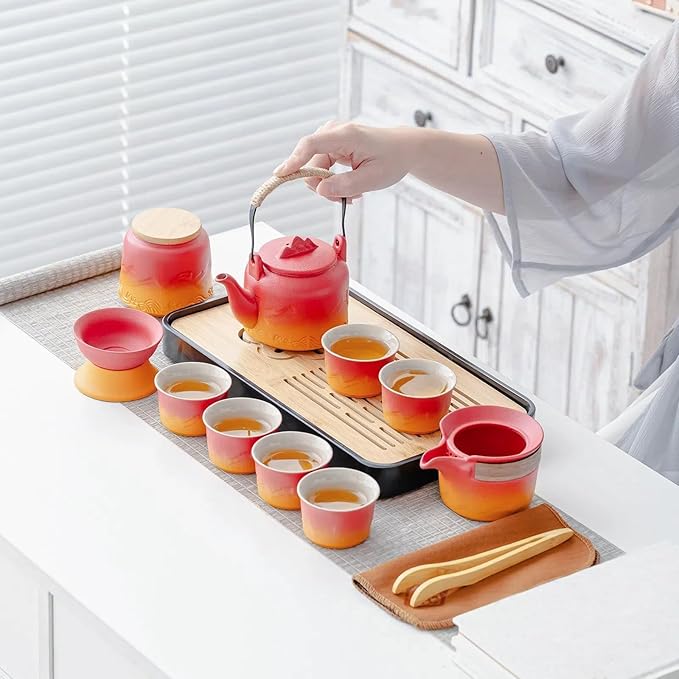 ICHAG Chinese Tea Set, Japanese Tea Sets for Adults, 15-Piece Porcelain Gongfu Tea Set with Tea Pet & Tea Tray, Japanese Teapot Set, Travel Tea Party Set, for Home/Office/Outdoor/Gifts (Red)