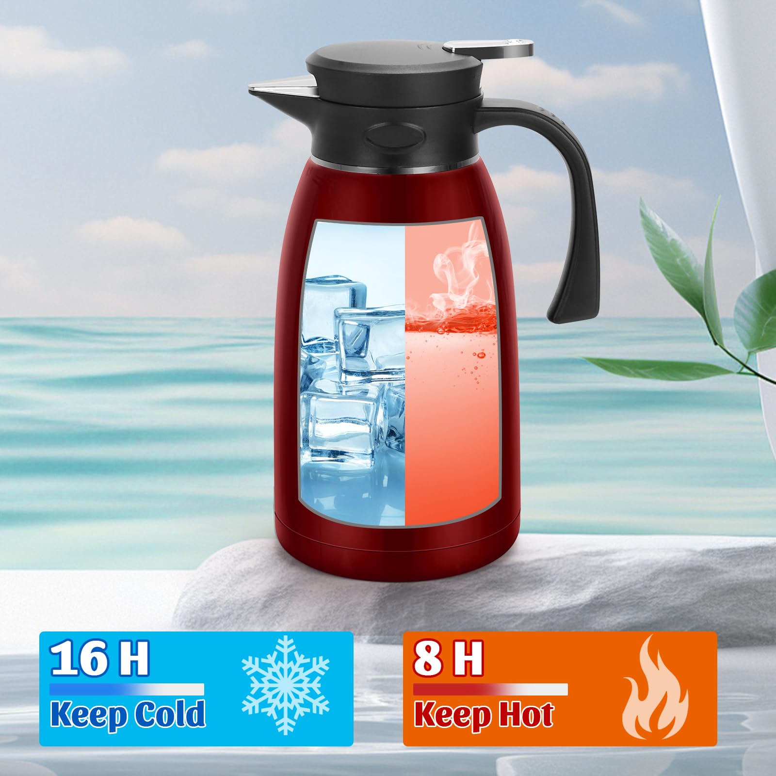 70oz Thermal Coffee Carafe, 2L Stainless Steel for Hot Drinks, Double Wall Vacuum Carafe for Hot Liquids Large Tea for Home School Office Burgundy