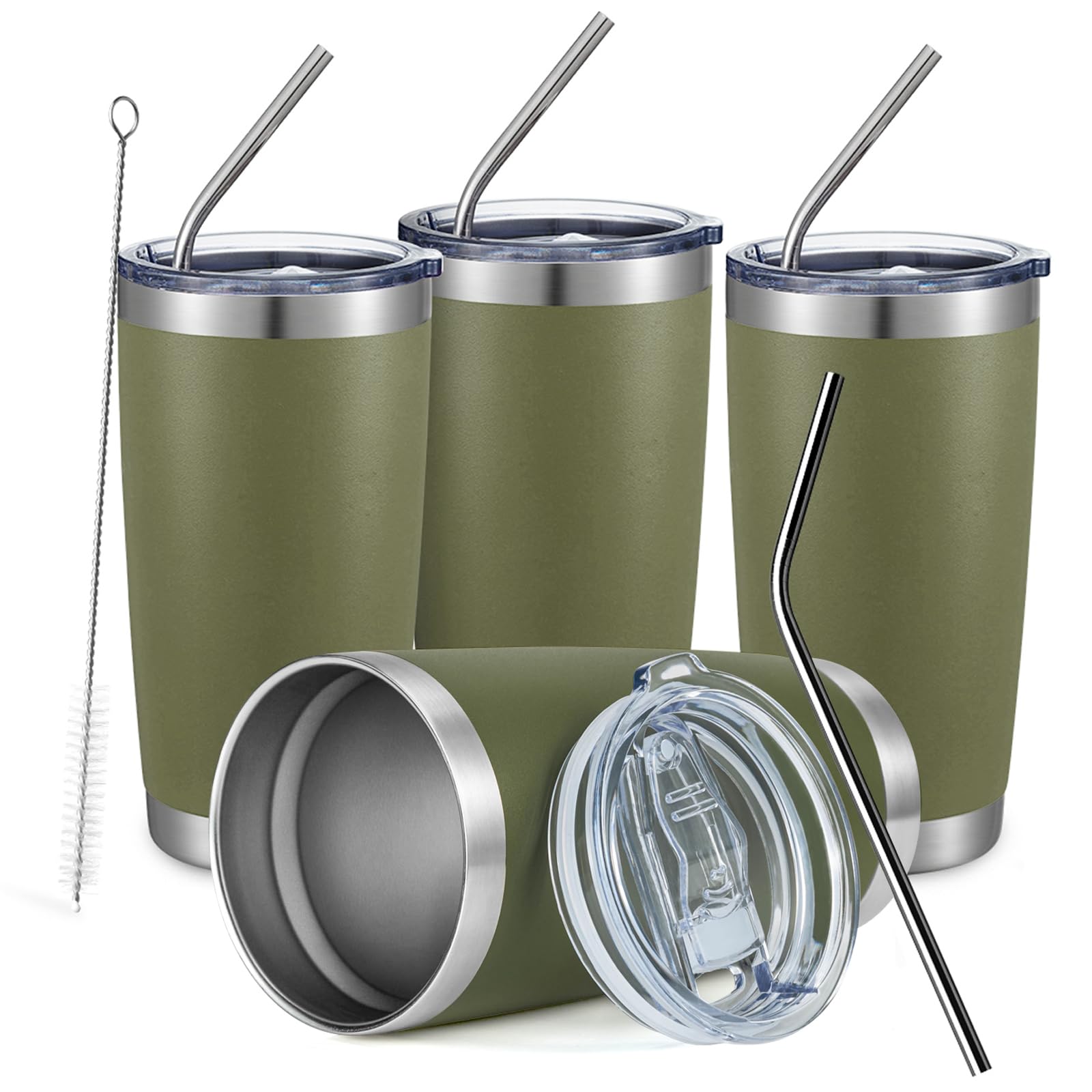 COMOOO 20oz Tumbler Bulk Double Wall Vacuum Insulated Travel Mug, Stainless Steel Tumbler with Lid and Straw Durable Powder Coated Insulated Coffee Cup for Cold & Hot Drinks (Army Green, 4 Pack