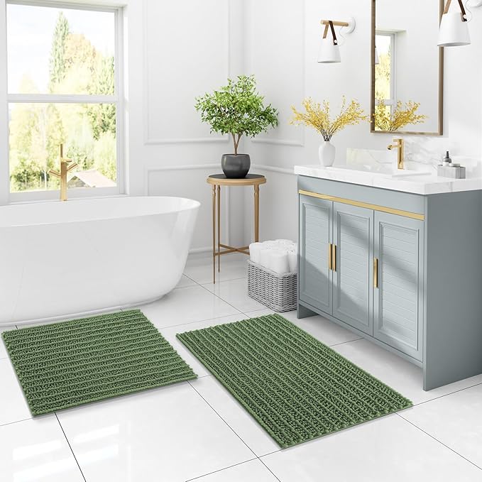 Arotive Luxury Chenille Bathroom Rug Mat, Extra Soft Thick Absorbent Shaggy Bath Rugs, Non-Slip Machine Wash Dry, Plush Bath Mats for Bathroom, Shower and Tub, 30x20, Olive Green