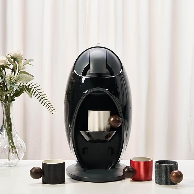Ceramic Mini Espresso Cups Demitasse Cups with Round Wooden Handle Vertical Stripes Tea Cups (Black/White, 4pcs)