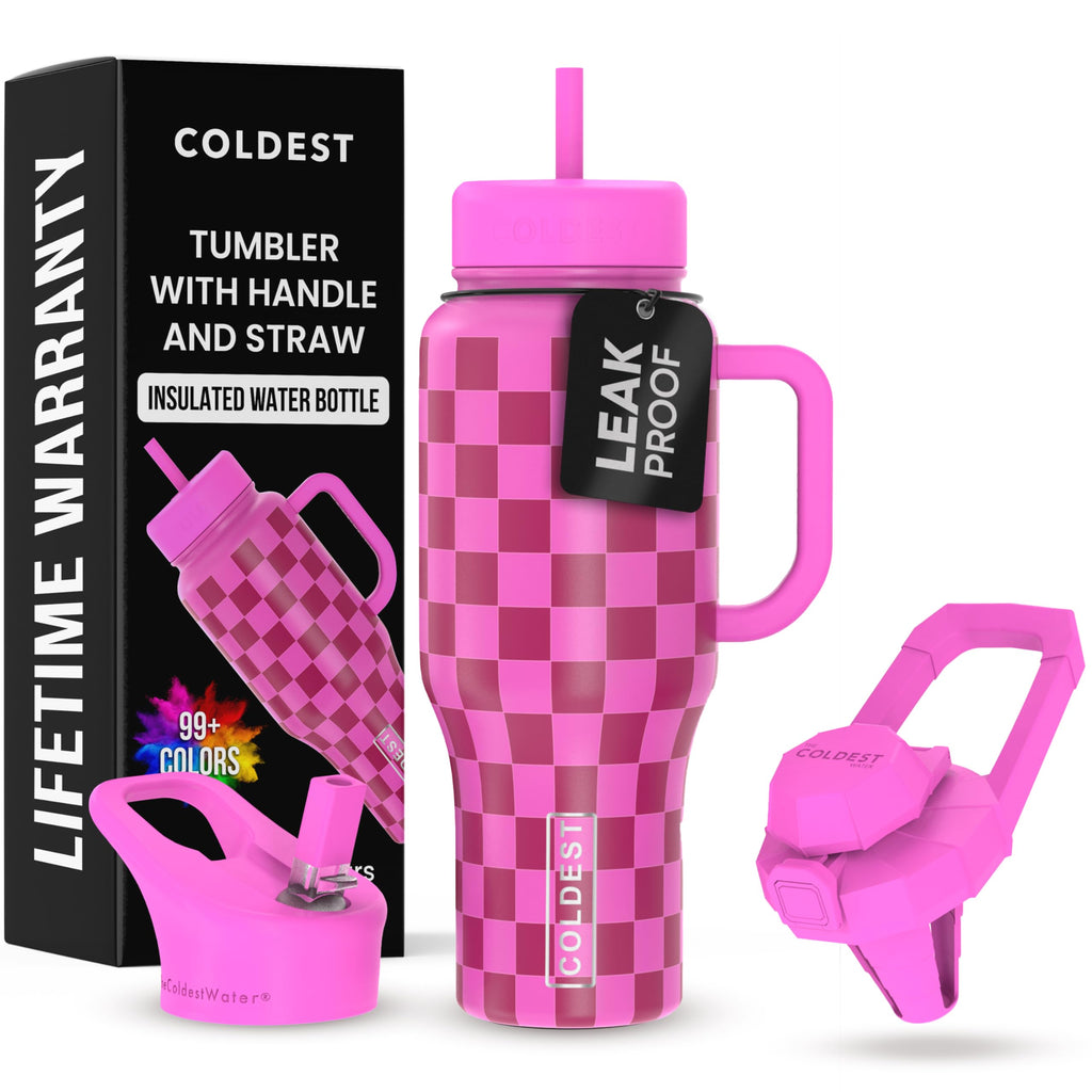 Coldest Tumbler with Handle and Straw, 100% Leak Proof Insulated Tumbler with Lid and Straw (3 Lids), Stainless Steel Tumblers for Women & Men, Cup Holder Friendly, 36 oz (Purple Checkers)