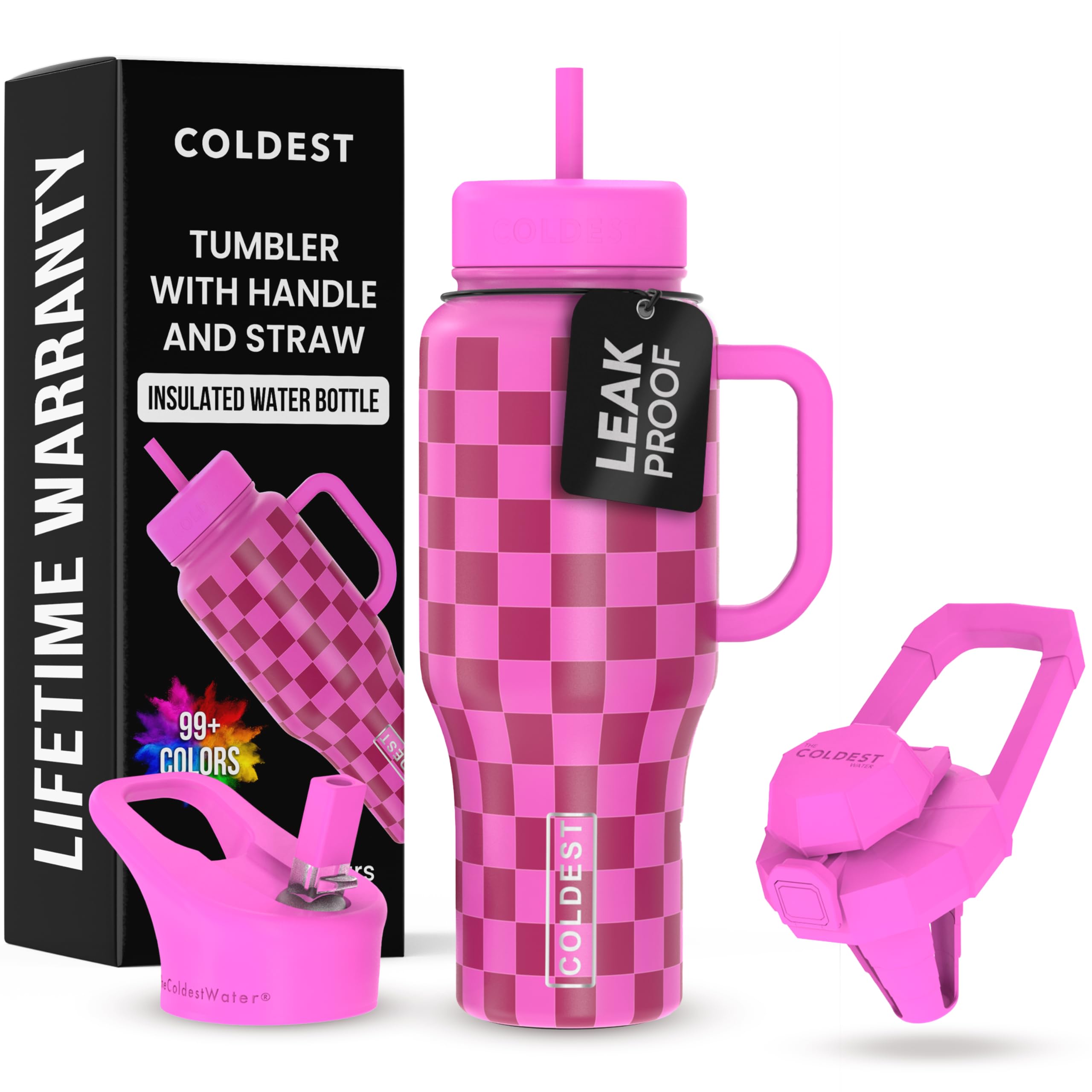 Coldest Tumbler with Handle and Straw, 100% Leak Proof Insulated Tumbler with Lid and Straw (3 Lids), Stainless Steel Tumblers for Women & Men, Cup Holder Friendly, 36 oz (Purple Checkers)
