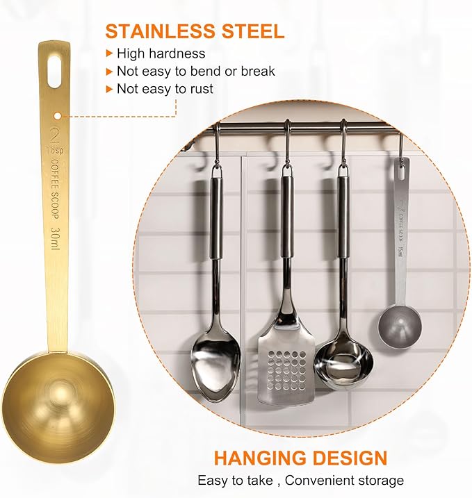 HARFINGTON 2pcs Coffee Scoop Spoon 2tbsp (6tsp, 30ml) 304 Stainless Steel Long Handle Teaspoon/Tablespoon Measuring Spoons Scoops for Tea Sugar Kitchen, Gold