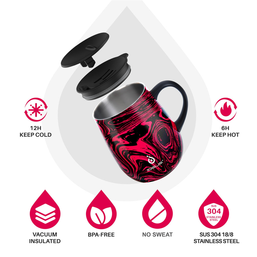 Ideus 16 oz (470 ml) Insulated Coffee Mug with Handle and Lid, Double Wall Stainless Steel Vacuum Thermal Coffee Mug, Travel Coffee Cup Thermal Cup for Home and Office (Red Zebra)