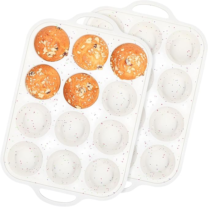 Silicone Muffin Pans for Baking 2 Pack, 2.8 Inch with Metal Reinforced Frame, Regular Size Nonstick Silicone Cupcake Pan 12 Cups for Baking Homemade Muffins, Cupcakes, Dishwasher Safe BPA Free