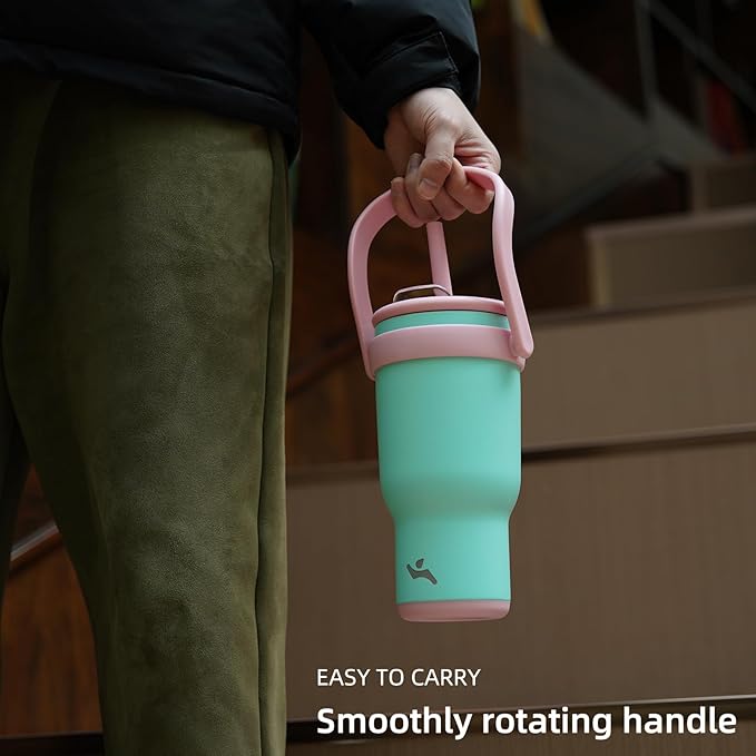30 oz Tumbler with Side Handle, Insulated Water Bottle with Straw and 2 in 1 Lid, Stainless Steel Cup Travel Coffee Mug for Sports Office Gym,Fuchsia