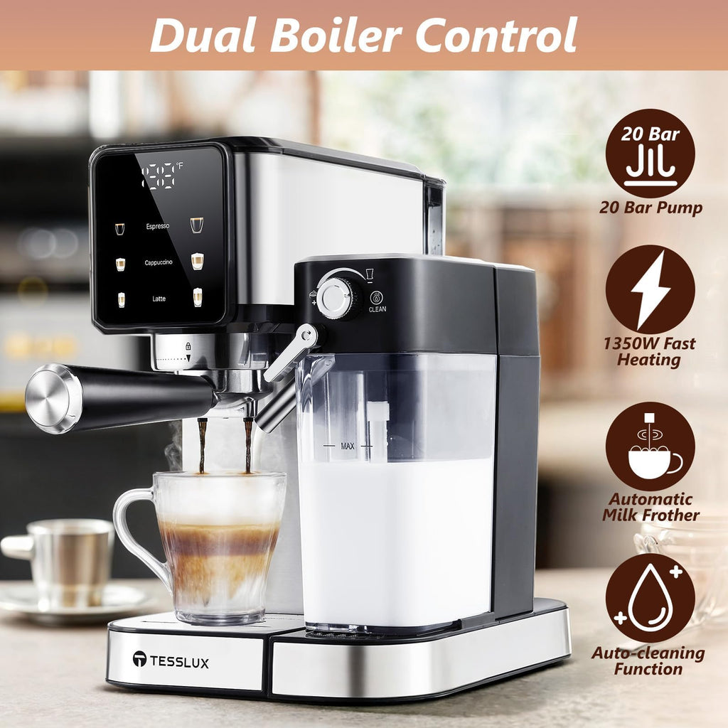 tesslux Espresso and Cappuccino Machine, 20 Bar Dual Boiler Latte Maker with Touch Control & Digital Temperature Display, Compact Coffee Machine for Home, Automatic Milk Frother