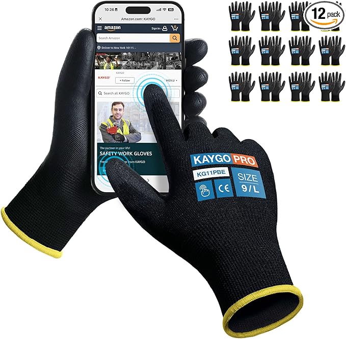 KAYGO Safety Work Gloves PU Coated for Men and Women, 12 Pairs KG11PB, Seamless Knit Glove with Two Fingers Touchscreen, breathable and lightweight Ideal for General Duty Work (Large,Black)