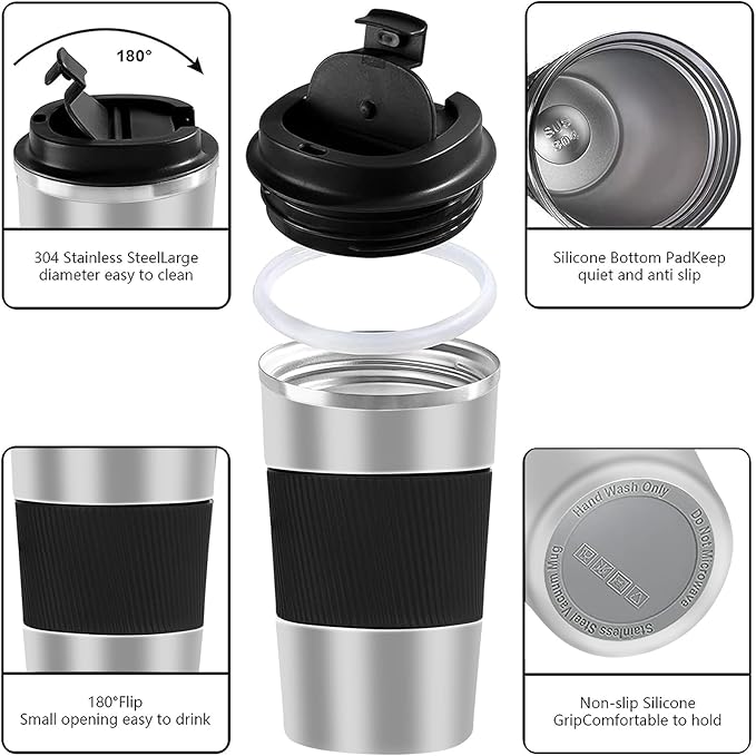YINBAOGE Insulated Travel Coffee Mug Spill Proof Leak Proof Pobtable To Go Camping Stainless Steel Coffee Tumbler Reusable Coffee Cups with Lids Thermos for Hot and Cold Drink (Silver black, 12 OZ)