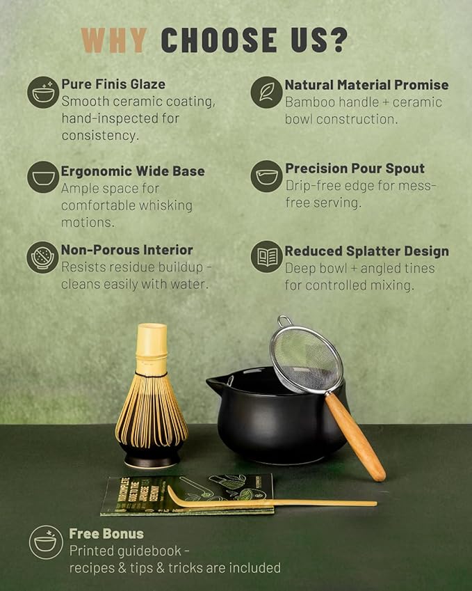 Nucookery Matcha Set - 5PCS Matcha Whisk Set, 18OZ Matcha Bowl (Chawan) with Spout, Matcha Whisk (Chasen) and Holder, Bamboo Matcha Scoop and Sifter, Matcha Kit/Tools/Accessories for Tea Ceremony