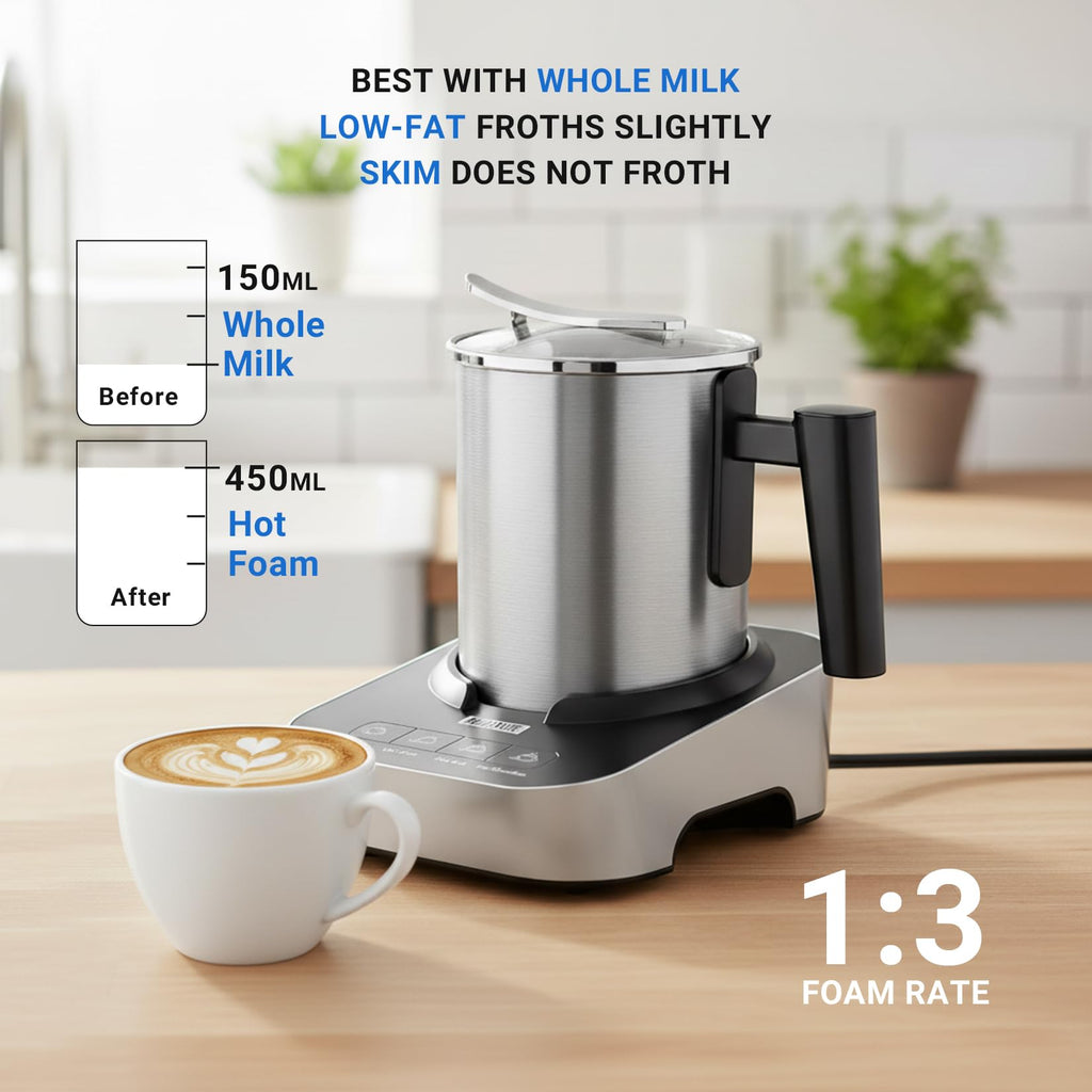 FUNLAVIE 4-in-1 Electric Milk Frother and Steamer with Auto Shut-Off