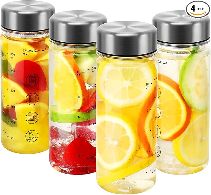 4 Pack Juice Bottles with Caps - Wide Mouth Resuable Clear Plastic Water Bottles for Juicing,Smoothie,Protein, Beverage,Storage Containers,BPA Free,Leakproof Stainless Steel Lid(12 Ounces)
